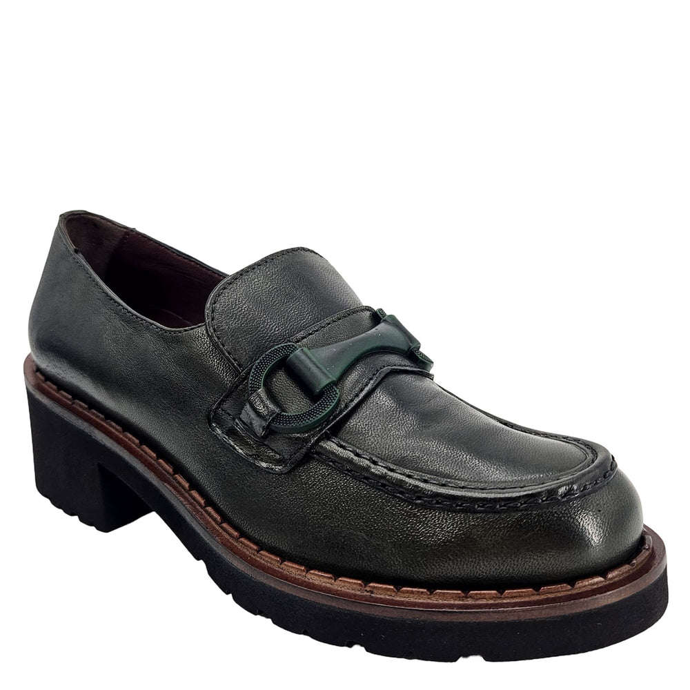 Dark leather chunky lug-sole loafer with strap and stitched moc toe