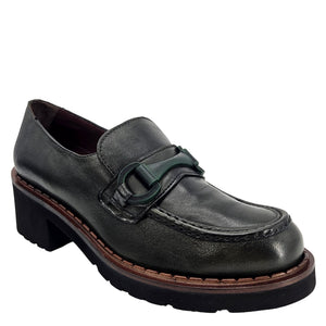 Dark leather chunky lug-sole loafer with moc strap detail and stacked heel