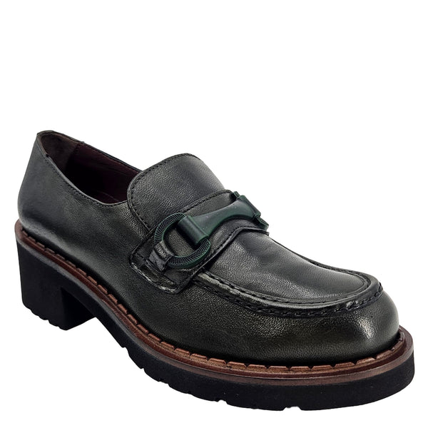 Dark leather chunky lug-sole loafer with moc strap detail and stacked heel