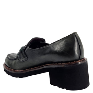 Dark leather loafer with moc strap, thick lug sole, and rounded back profile