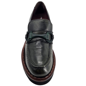 Dark leather penny-style loafer with strap across vamp and chunky lug sole