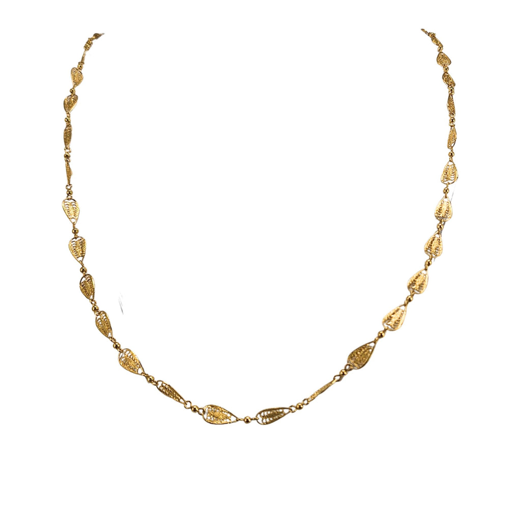 Goldtone leaf link necklace, long dangling segment with oval filigree drops