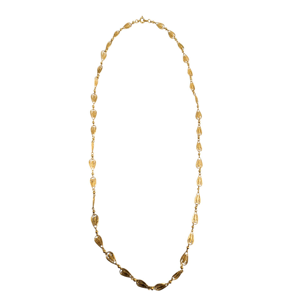 Goldtone leaf link necklace, long dangling segment with oval filigree drops