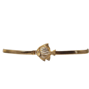 Goldtone fish buckle stretch belt, slim ribbed strap with clasp at center