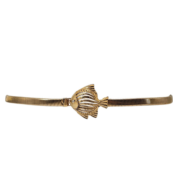 Goldtone fish buckle stretch belt, slim ribbed strap with clasp at center