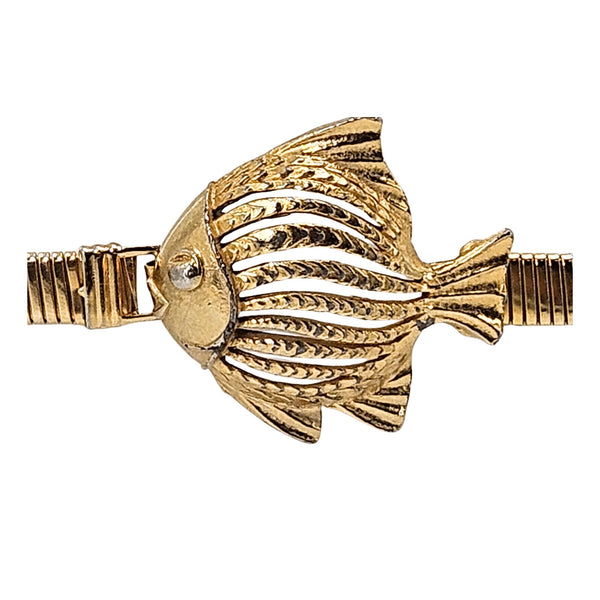 Goldtone fish buckle with engraved scales and small stud accents on ribbed ends