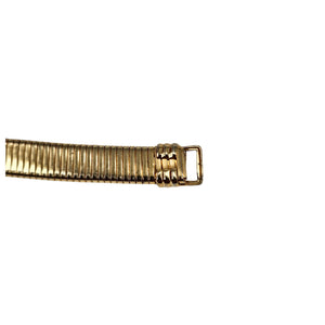 Goldtone ribbed belt end with square buckle clasp and double-prong closure