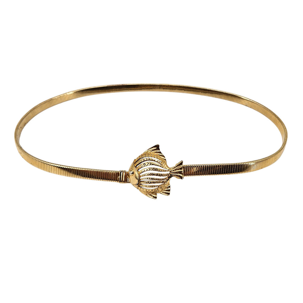 Goldtone stretch belt with round fish charm buckle, vintage-style ridged detail