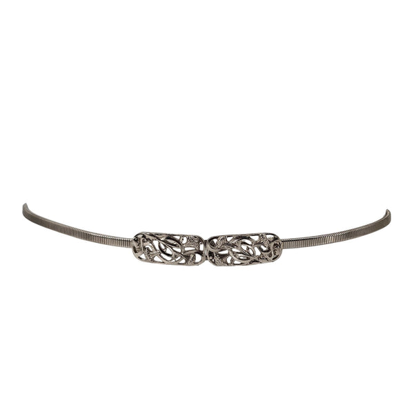 Silver stretch belt with linked filigree buckle center and adjustable end tabs