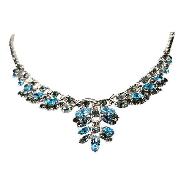 Silvertone rhinestone necklace with blue-green marquise stones and clustered center charm