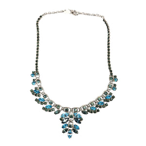 Vintage silvertone rhinestone necklace with blue-green stones and floral drop pendant