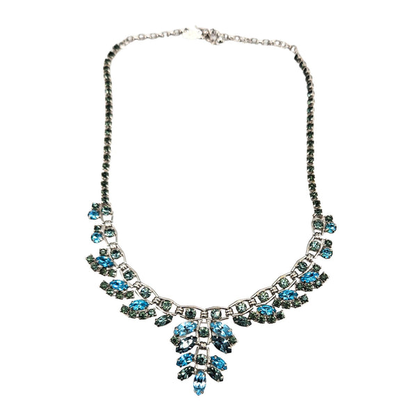 Vintage silvertone rhinestone necklace with blue-green stones and floral drop pendant