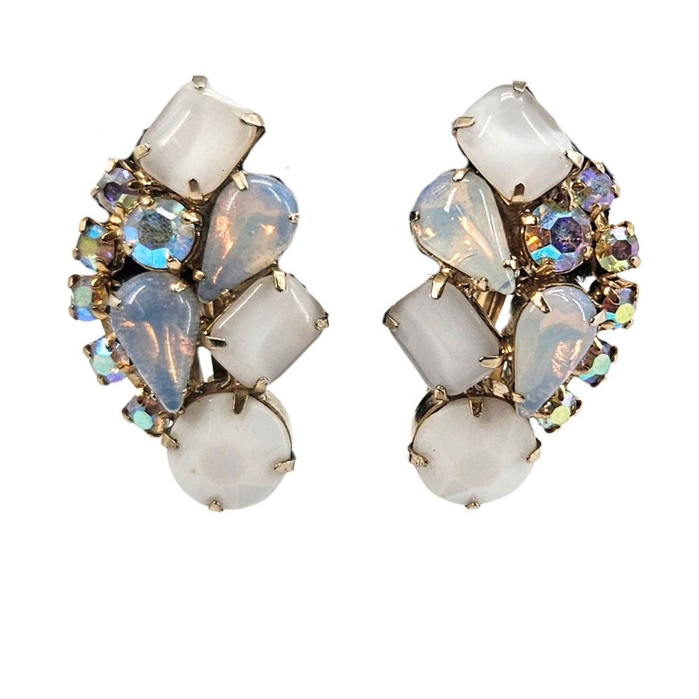 Gold-tone clip earrings with five opalescent oval stones and multicolor rhinestone cluster