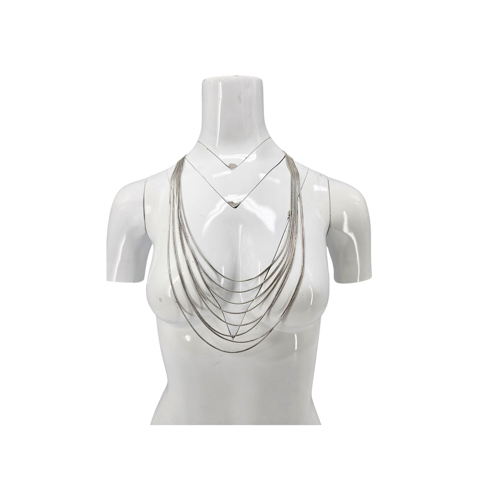 Silver-tone 8-strand snake chain necklace with layered drape and open collar shape