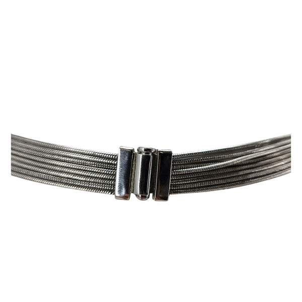 Silver-tone mesh multi-strand necklace clasp with three dark connector bars