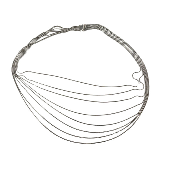 Silver-tone 8-strand snake chain necklace laid flat, showing even strand spacing