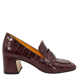 Chocolate croc-embossed leather loafer with moc seam and block heel, side profile
