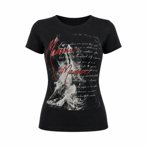 Black short-sleeve T-shirt with red script and white smoke graphic on the front