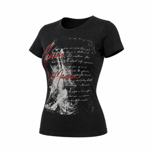 Black graphic T-shirt front view with red script text and white smoke illustration