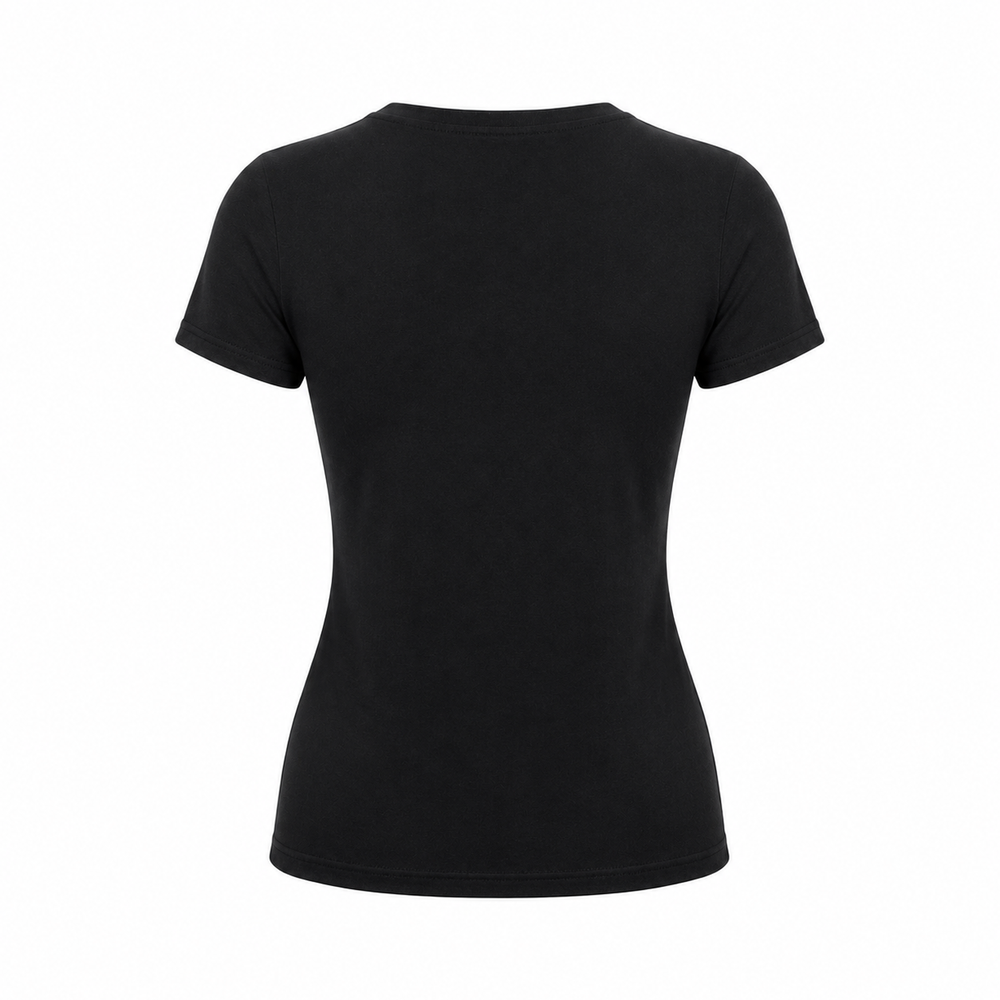 Black short-sleeve T-shirt with red script and white smoke graphic on the front