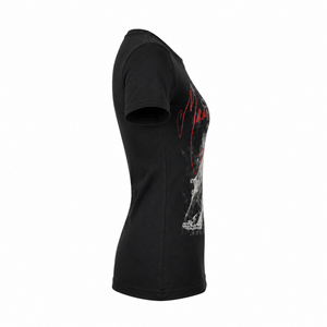 Black T-shirt left side view with red and white graphic near the shoulder