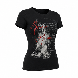 Black graphic T-shirt front view with red script and white smoke artwork