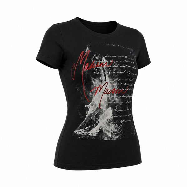 Black graphic T-shirt front view with red script and white smoke artwork