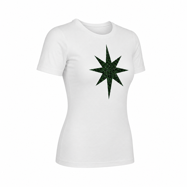 White crew-neck t-shirt with emerald star graphic