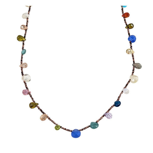 Multicolor gemstone bead necklace with small faceted stones on a dark chain