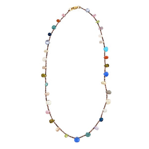 Multicolor gemstone bead necklace with gold-tone clasp and pastel faceted stones