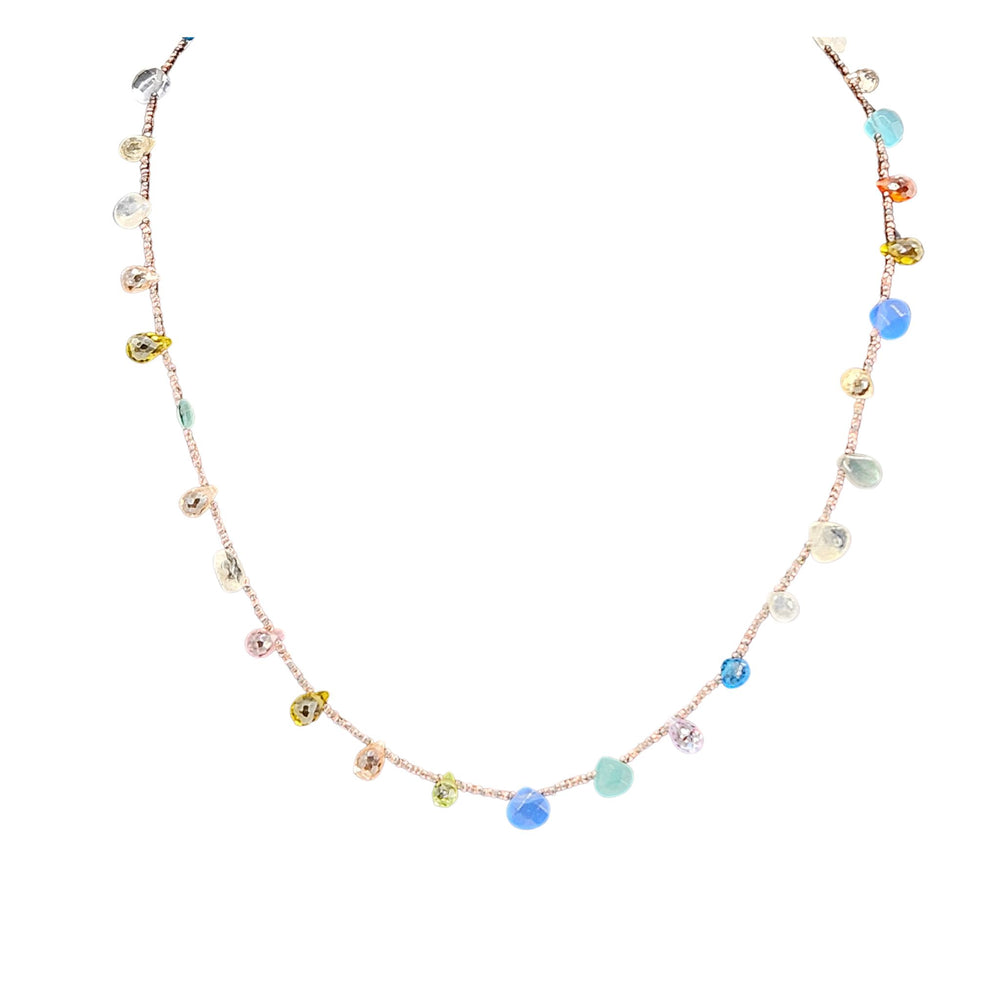 Multicolor gemstone bead necklace with small faceted stones on a delicate chain