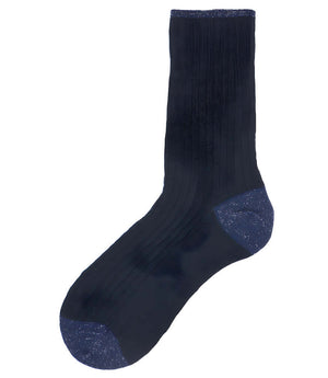 Women's short blue crew socks with speckled toe and ribbed cuffs