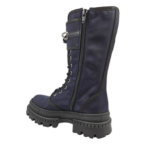 Navy combat boot with side zipper, lace-up front, rubber lug sole
