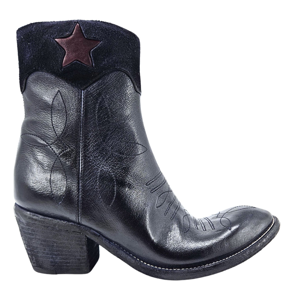 Navy leather round-toe ankle boot with star patch on the shaft, block heel