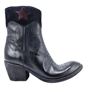 Navy leather round-toe ankle boot with star patch on the shaft, block heel