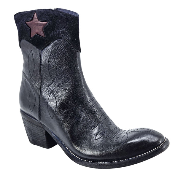 Navy leather round-toe ankle boot, side view with star patch and block heel