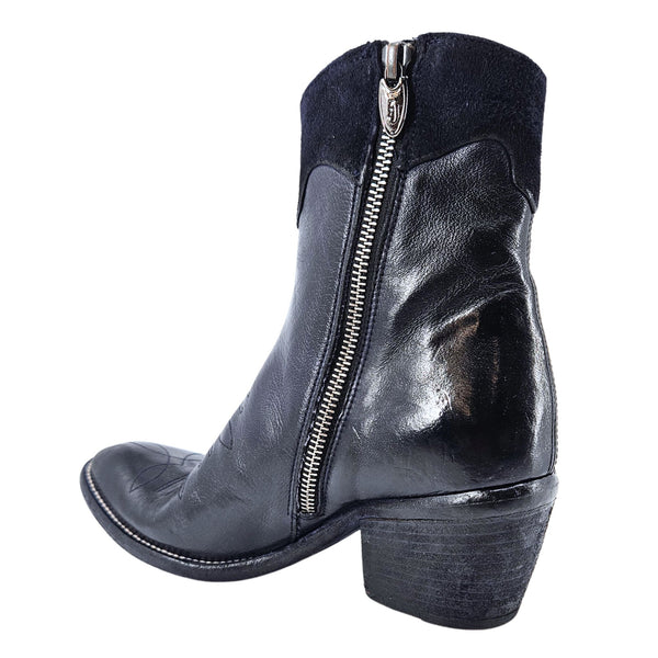 Navy leather ankle boot with full-length side zipper and block heel, round toe