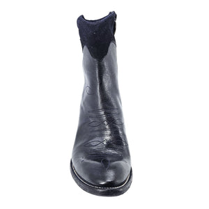 Navy leather ankle boot back view with stacked block heel and round toe