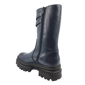 Navy shearling-lined platform boots with side zipper and sculpted platform outsole