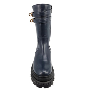 Navy shearling-lined platform boots back view with stacked buckle straps on the shaft