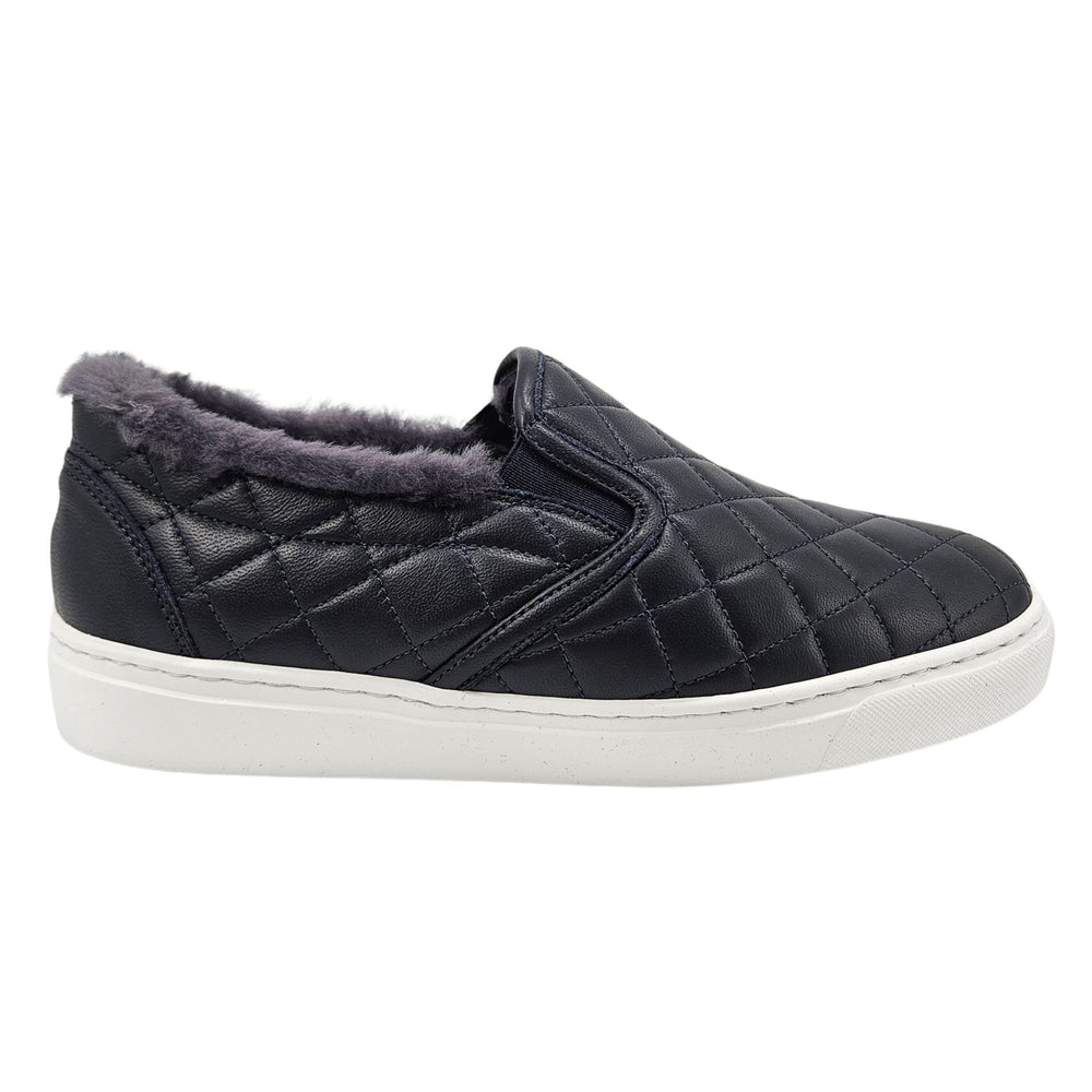 Quilted leather slip-on sneaker with gray shearling lining, navy tone, white sole