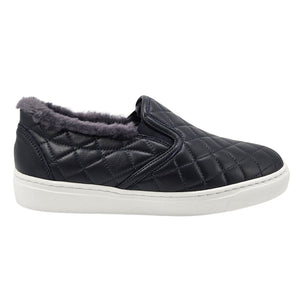Quilted leather slip-on sneaker with gray shearling lining, navy tone, white sole