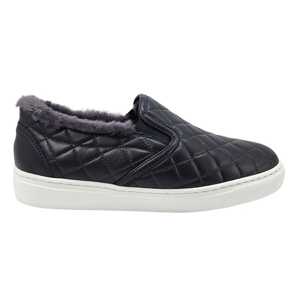 Quilted leather slip-on sneaker with gray shearling lining, navy tone, white sole