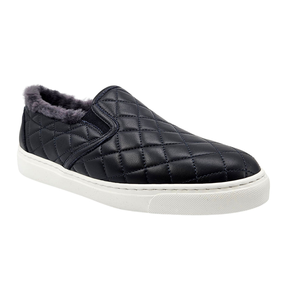 Quilted leather slip-on sneaker with gray shearling lining, navy tone, white sole