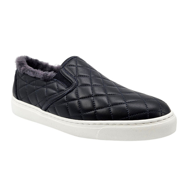 Quilted leather slip-on sneaker with gray shearling lining, white rubber sole, navy