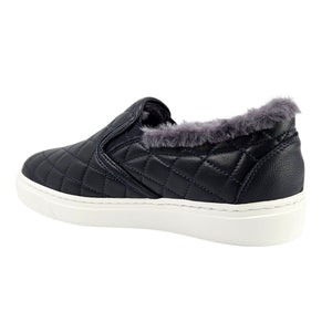 Navy quilted leather slip-on sneaker with gray shearling collar and white sole