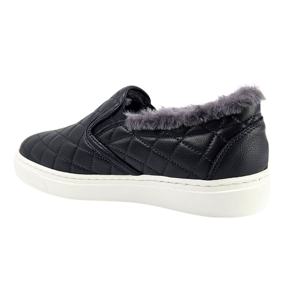 Navy quilted leather slip-on sneaker with gray shearling collar and white sole