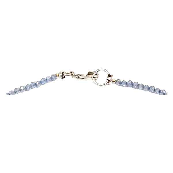 Pale violet blue charm necklace clasp with small rings and beaded strand ends
