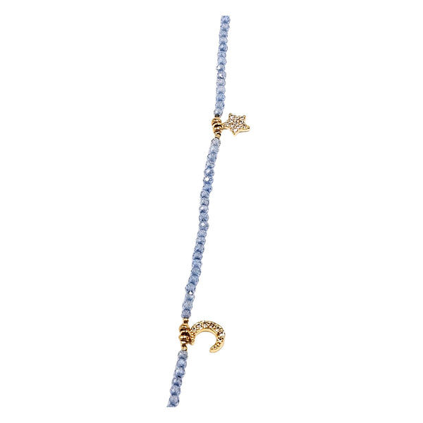 Charm necklace single strand with gold-toned heart and cross charms on blue beads