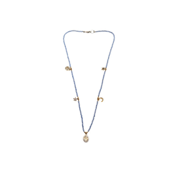 Pale violet blue charm necklace with multiple gold-toned charms and flower pendant